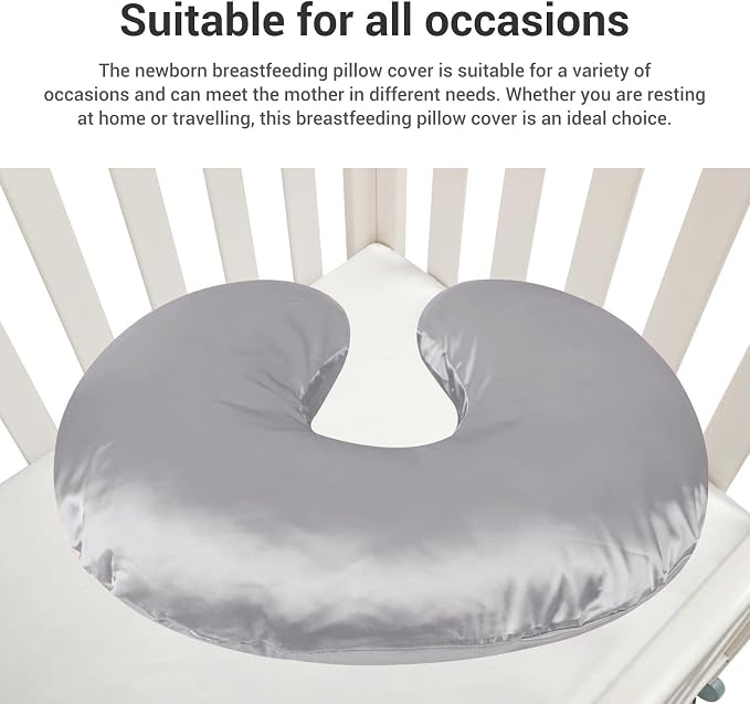 Soft Satin Nursing Pillow Cover, Skin Friendly, Washable, Breathable, Breastfeeding Pillow Slipcover Compatible for Feeding and Newborn Care (Grey)