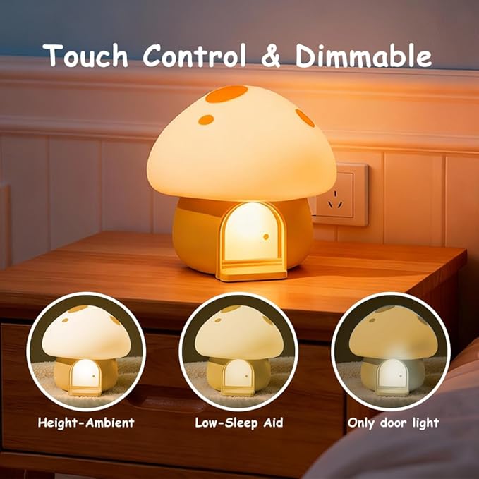 Kids Night Light, Mushroom Bunny Silicone Nursery Lamp, Tap Control 3-Level Dimmable, 30/60Min Timer, 1200mAh Rechargeable Cordless LED Bedside Sleep Light for Toddler Baby Bedroom