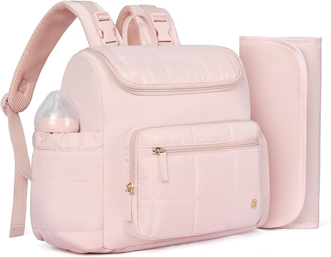 Telena Diaper Bag Backpack, Large Capacity Stylish Baby Bag Backpacks with Bottle insulation Area Changing Mat, Mommy Bag Pink
