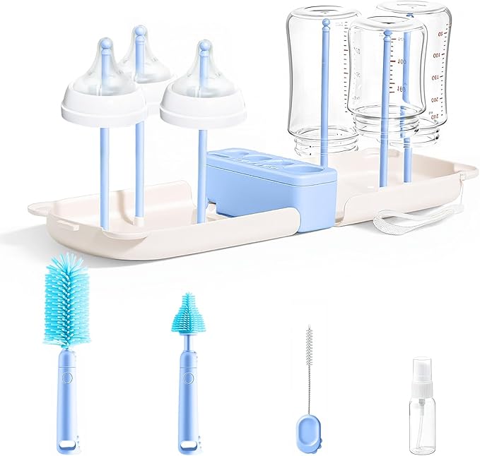 Travel Baby Bottle Cleaner Kitï¼?-in-1 Baby Bottle Brush Set for Travel and Home, All-in-One Baby Bottle Washing Kit: Integrated Cleaning & Drying System for Bottles and Breast Pump Parts (Blue)