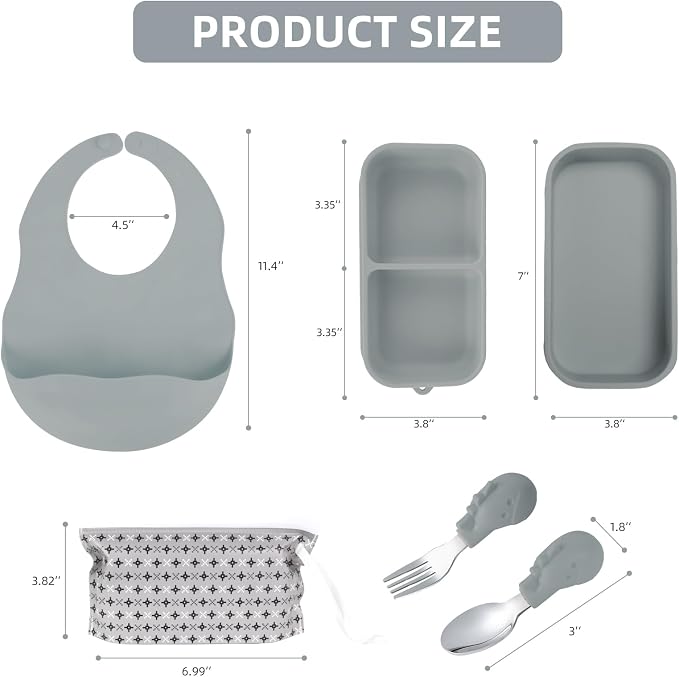 Travel Silicone Baby Feeding Set with 316 Stainless Steel Spoon & Fork ,Silicone Suction Plates, Foldable Bib, Storage Bag - Portable Infant Toddler Utensils, 6-Piece BPA-Free Dishware Kit（gray）