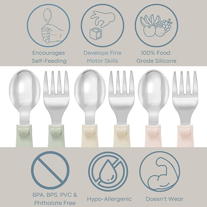 Ali+Oli Toddler Utensils Set (6 Pack) ??Stainless Steel Kids Silverware with Soft Silicone Handles, BPA Free Baby Forks and Spoons, Durable Children Flatware Dishwasher Safe for Self Feeding (Hearts)