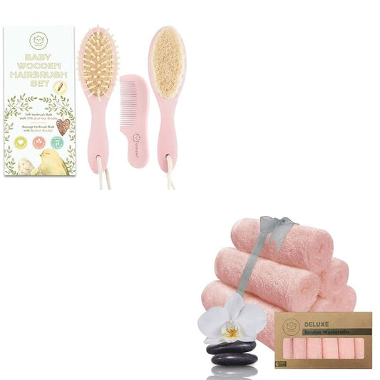 Baby Hair Brush and Comb Set for Newborn and Baby Washcloths Bundle - Natural Wooden Hairbrush with Soft Goat Bristles for Cradle Cap (Oval, Blush) - Baby Towels and Washcloths (Blush Pink)
