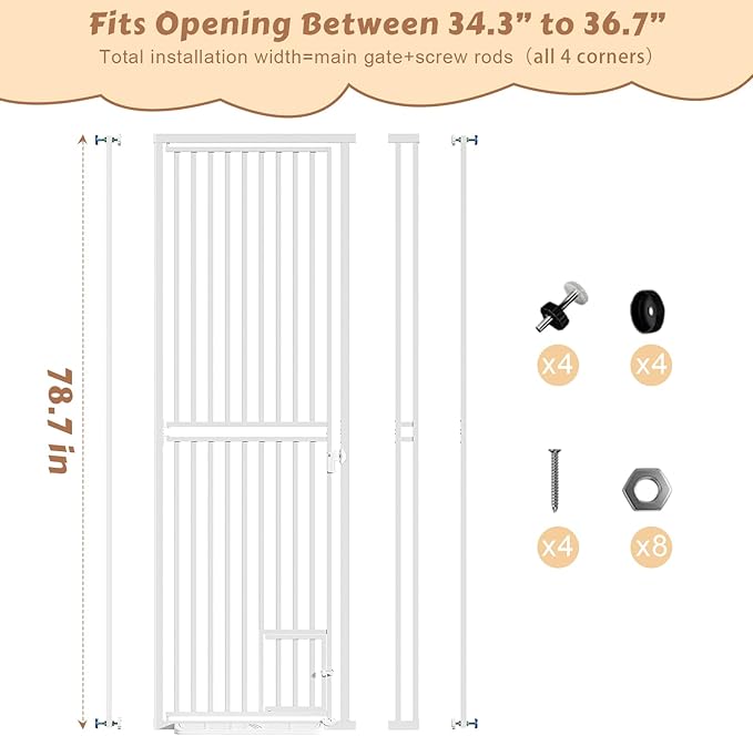 78.7" Extra Tall Pet Gate with Cat Door, Pressure Mounted Dog Gate Walk Through No Drilling, 27.5"-37.4" Wide Tall Pet Gates for Doorways & Stairs, White