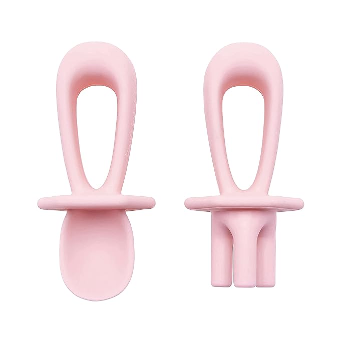Tiny Twinkle Silicone Training Utensils - Baby Spoons and Baby Forks For Self-Feeding Training - Silicone Baby Led Weaning Utensils For Toddlers And Babies 6-24 Months - Baby Feeding Supplies (Rose)