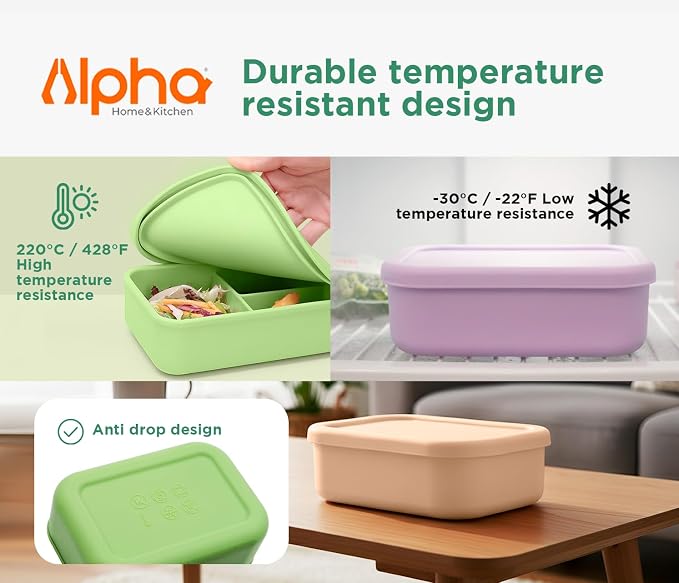 Silicone Bento Box for Kids, 3 Compartment Lunch Box, Small Portions, BPA Free Snack Container, Leak Resistant, Easy to Clean, Dishwasher Safe