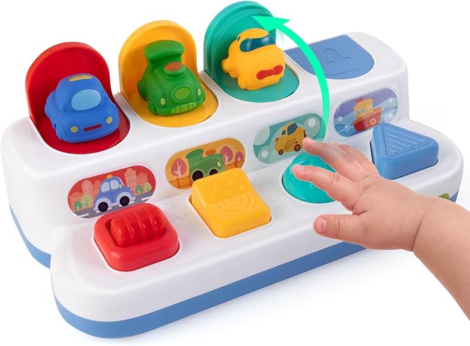 Interactive Cause & Effect Pop Up Vehicle Toys for Toddlers 1-3 Years, Sensory Montessori Toys for Infants 8-12 Months, Fun Hide and Seek Play for Boy Girl
