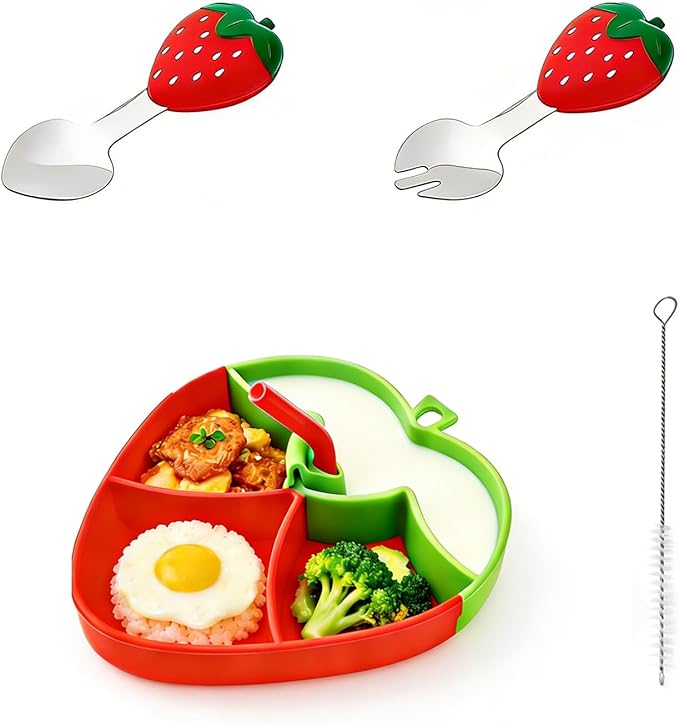 4-Piece Silicone Baby Feeding Set ??Baby Plates with Strong Suction, Toddler Plates Set, Unbreakable Food-Grade Silicone Divided Plate with Spoon, Fork & Bib
