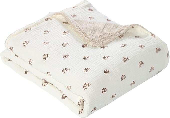 Soft & Breathable Baby Organic Cotton Muslin Blanket with Warm Flannel Lining, Unisex Crib Blanket for Toddlers, Large 43x43 Inches (Rainbow)