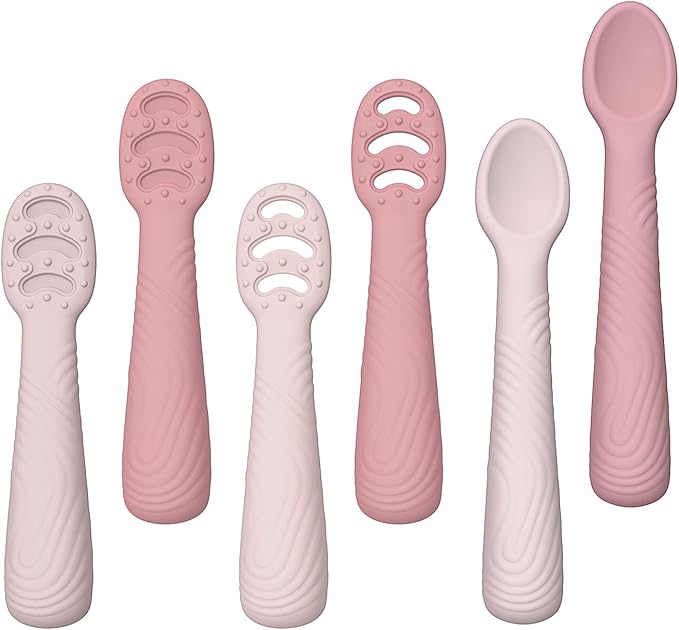 Baby Spoons Self-Feeding 6+ Months, 6 Pack Silicone Training Spoon Set for Baby Led Weaning, 3-Stage & Easy Grip First Utensils for Toddlers Learning Eating Essentials, Dishwasher Safe (Pink Rose)