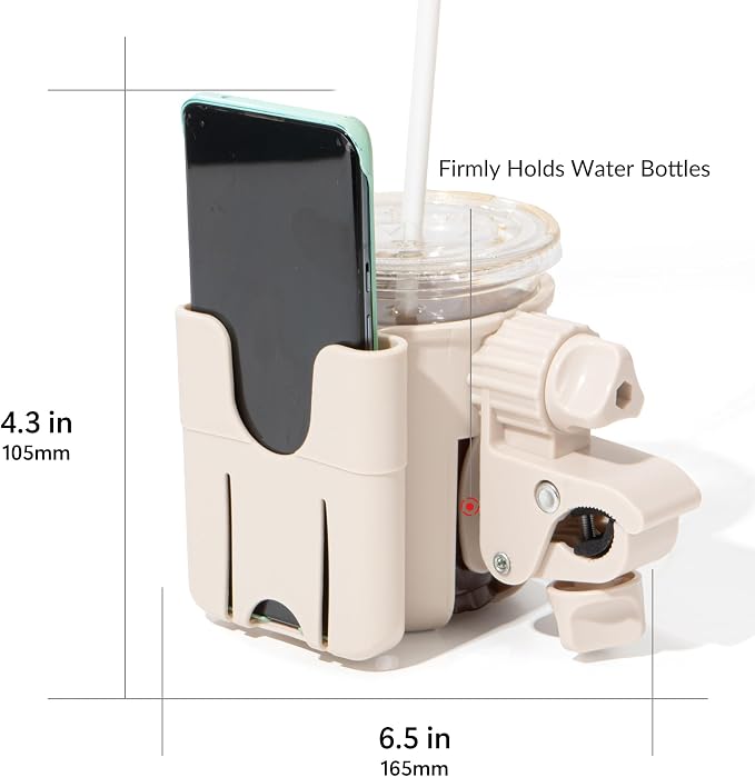 Li & Zhao Universal Stroller Cup Holder - 2-in-1 Wheelchair Cup Holder Adjustable Bike Drink Holder with Phone Holder Accessories for Rollator,Bike,Scooter,Walker(Beige)