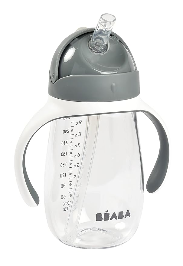 Beaba Straw Sippy Cup, Toddler Baby Straw Cup with Removable Handles, Leak and Spill Proof, BPA Phthalate Free, 8+ Months, 10 oz, Charoal