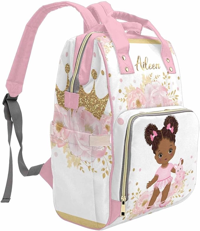 M YESCUSTOM Customized Diaper Bag Backpack with Name Personalized Pink Flower Mommy Bag for Mom Dad Unisex Multi Function Bag