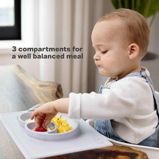 ezpz Happy Mat (Gray) - 24 Months+ - 100% Silicone Suction Placemat + Divided Plate with Three Compartments - Toddler + Preschool Essentials