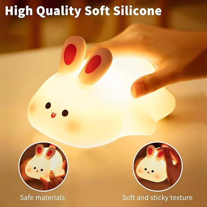 Cute Rabbit Night Light,Squishy Animal Nightlamp,Rechargerable Dimmable Nursery Bunny Lamp Soft Silicone Table Bedroom Lamp Portable Adjustable Lighting Bedroom Bedside Gift