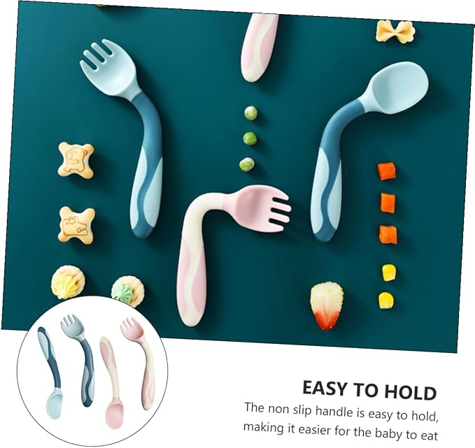 2 Sets Utensils Silicone Training Spoons and Forks with Flexible Bendable Design Non-slip Handle for Self-feeding Pink and Blue