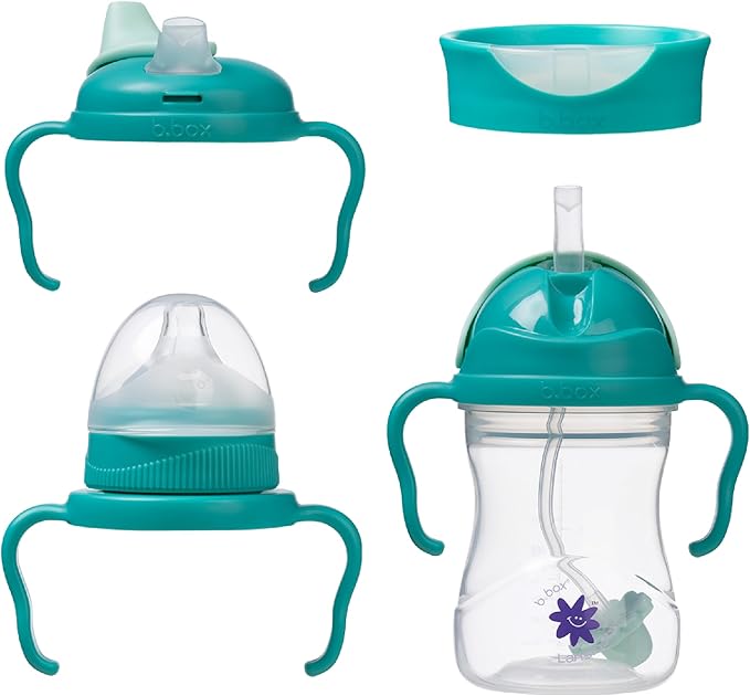 b.box + Lansinoh Time to Sip Starter Cup Set (3m+ to Toddler) | 1 Cup with 4 Lids ??Nipple, Spout, Weighted Straw, Training | BPA-Free, Dishwasher Safe, Easy-Grip | 8 Ounces | Tropical Sea