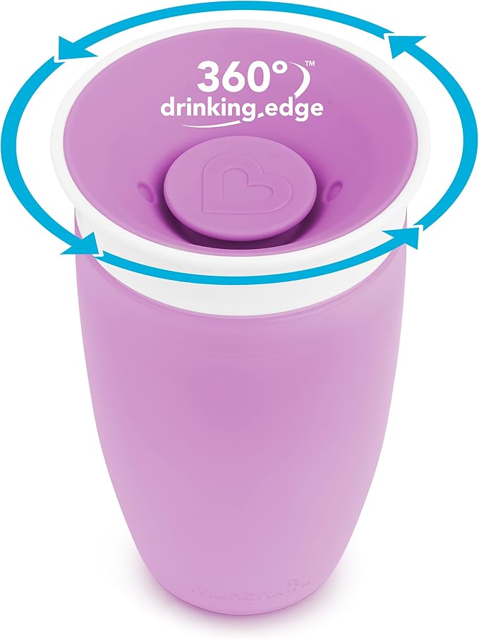 Munchkin Sippy Cups for Toddlers 1-3, Spill Proof Miracle 360 Cup, 10 Ounce, 2 Pack, Pink/Purple
