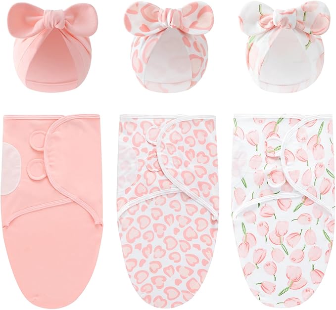 Baby Swaddle Sleep Sack with Hat Set for 0-3 months 3-Pack Soft Cotton Newborn Wearable Swaddle Wrap for Girls Boys