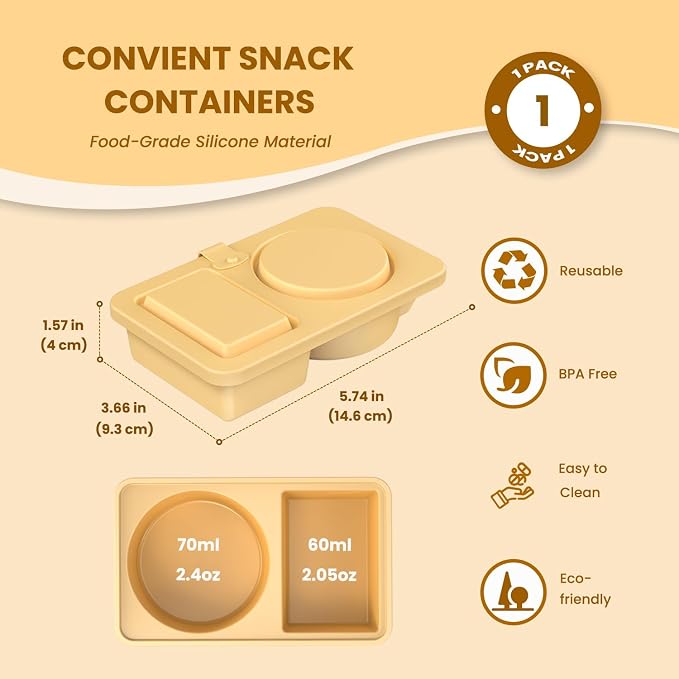 Reusable Snack Containers with Lids Silicone, 2 Pack 2/Double Compartment Snackle Box Containers for Adults Portion Control Lunches Picnics Parties, BPA-Free, Microwave Safe（Yellow）