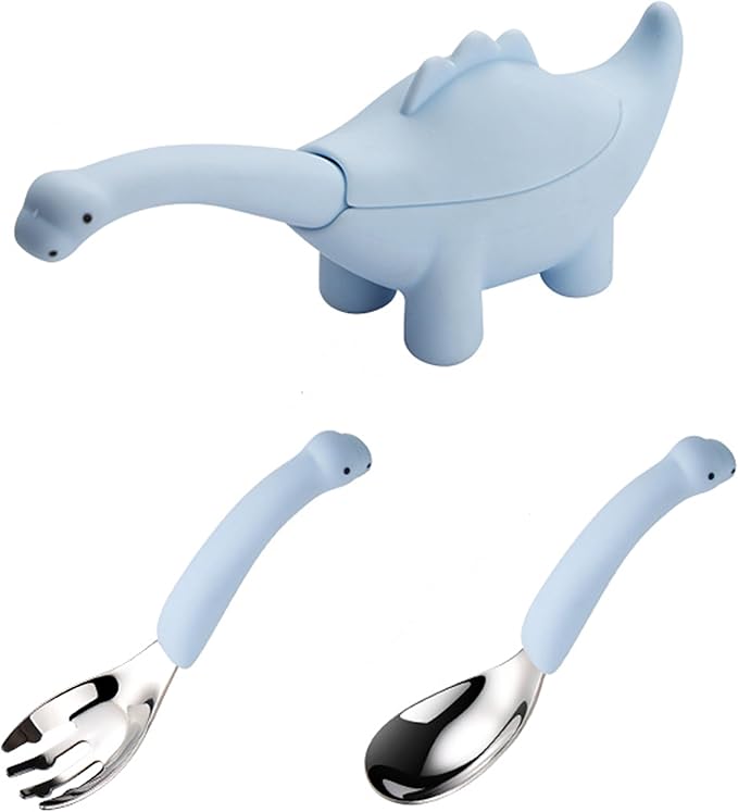 Toddler Utensils 2-Pack, Stainless Steel Baby Fork and Spoon Set with Cute Dinosaur Silicone Handles, Baby Kids Utensils, Children Safe Forks and Spoons, Dishwasher Safe (Blue)