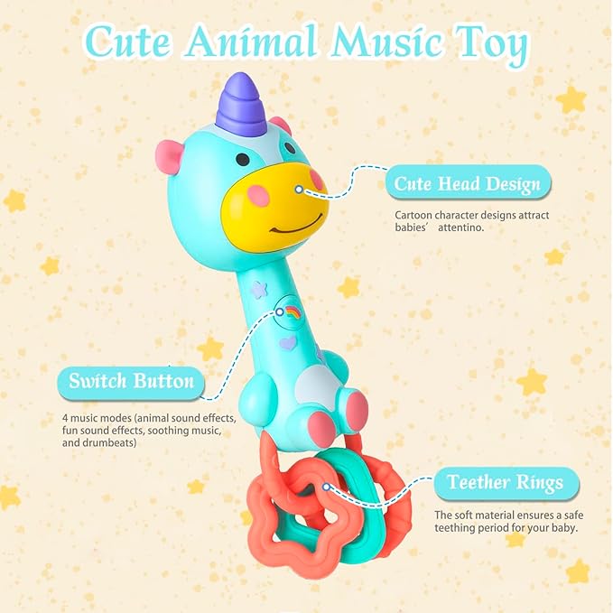 Cute Unicorn Baby Musical Rattle Toy 6-12-18 Months, Light-Up Teether & Sensory Chew Rubber 1st Birthday Gift for 1+ Year Old Boys Girls (Unicorn)