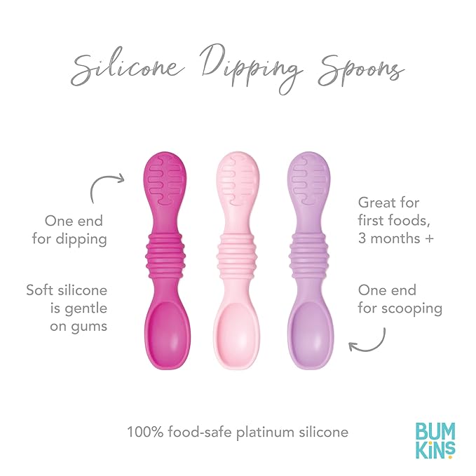 Bumkins Baby Utensils Set, Silicone Spoons for Dipping, Self-Feeding, Baby Led Weaning, Trainer Tip, Soft Chew Safe, Learning First Stage Eating, Babies 4 Months, 3-pk Lollipop Color