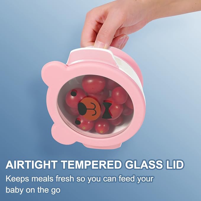 MR. CHOU Suction Baby Bowls with Leakproof Tempered Glass Lids for Babies & Toddlers, Ceramic First Stage Infant Feeding Supplies with Handles, 100% Food Grade Snack Cotainer for Kids, Pink