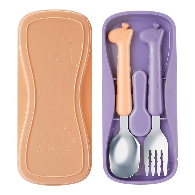 lohodo Toddler Utensils Kids Spoon and Fork Set 18/8 Stainless Steel Silverware BPA Free Pink & Purple Cute Giraffe Child Flatware with Travel Case for Age 3+