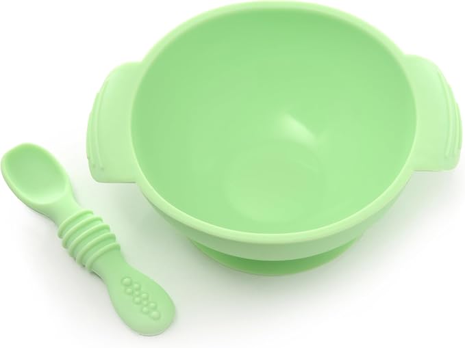 PrimaStella Unbreakable Silicone Non-Slip Bowl and Chew Spoon Set for Babies and Toddlers (Green)