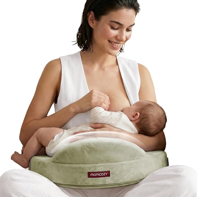Momcozy Innovative Safety Guard Nursing Pillow - Firm & Springy Memory Foam - Stable, Ergonomic Support & Comfort - Wider Breastfeeding Cushion, Adjustable, Removable Cover, Green