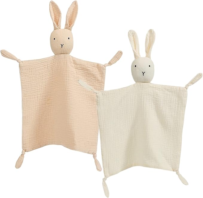 insular Bunny Lovey Blanket for Boys and Girls, Organic Cotton Muslin Security Blanket for Babies, Soft Breathable Lovie Soothing Towel for Newborn and Infant, 2 Pcs Set (Beige&Khaki)