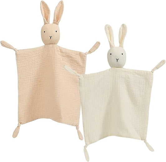 insular Bunny Lovey Blanket for Boys and Girls, Organic Cotton Muslin Security Blanket for Babies, Soft Breathable Lovie Soothing Towel for Newborn and Infant, 2 Pcs Set (Beige&Khaki)