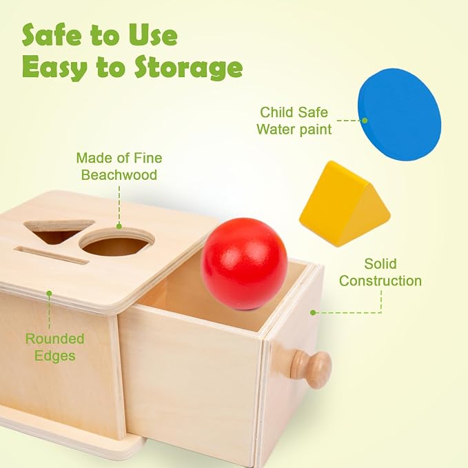 Adena Montessori Coin Box,3 in 1 Object Permanence Box Toys for 1 Year Old Baby Coins,Wooden Montessori Ball Drop Toys Developmental Toys for 6-12 Month Infant Toys,Triangle Ball Round Shapes