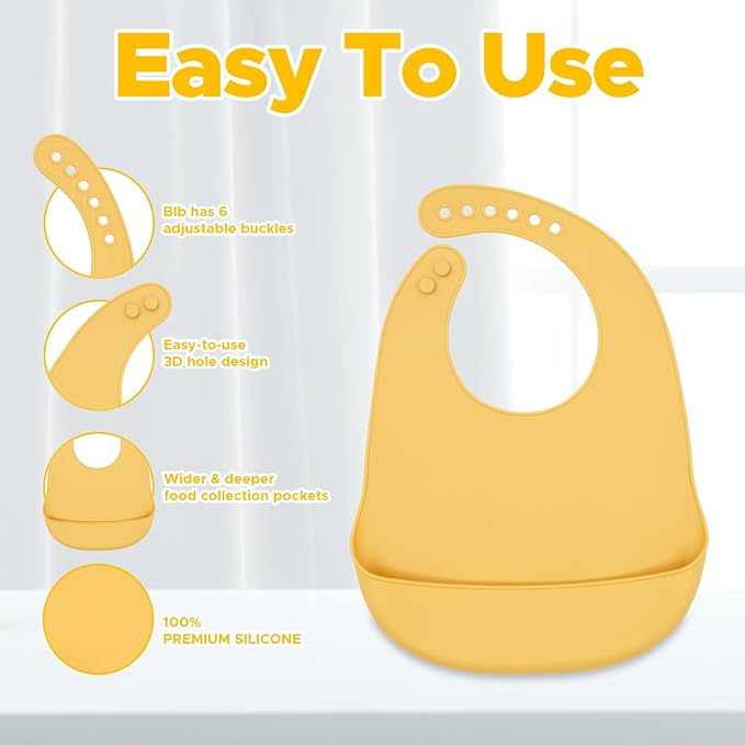 BabyX Silicone Baby Starter Kit, 5 Pieces First Feeding Set, Including Training Spoon, Fork, Cup, Bib and Heart Shaped Bowl (Yellow), BPA-Free, Baby Utensils Supplies, Microwave/Dishwasher Safe