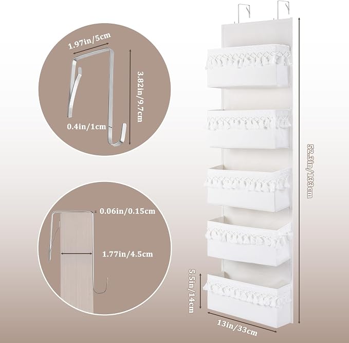 Over The Door Storage Organizer Decor,5 Pockets Hanging Nursery Door Organizer with Tassels Boho Decor,Behind Door Storage for Toys,Bedroom,Bathroom,White