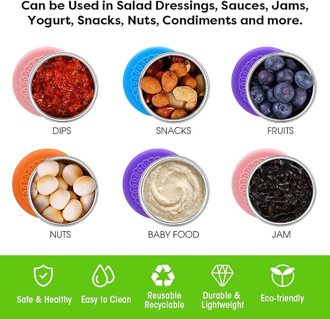 Winceed 6Pack 2.4oz Salad Dressing Container To Go, Small Stainless Steel Condiment Containers with Silicone Lids, Leakproof Reusable Dipping Sauce Cups for Lunch Box