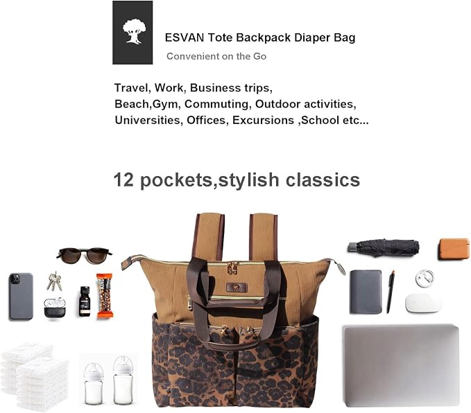 ESVAN Diaper Tote Bag Totepack Backpack 2 in 1 for Women Multifunctional Large Capacity with Insulated Pockets Travel | Multifunctional