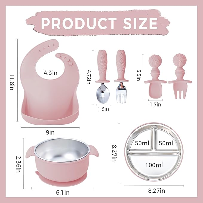 7 Pieces 304 Stainless Steel Baby & Toddler Feeding Set - Suction Divided Plates, Bowls, Silicone & Stainless Spoon Fork,Pocket Bib Unbreakable, Dishwasher Safe Kids Dinnerware Essentials (Pink)