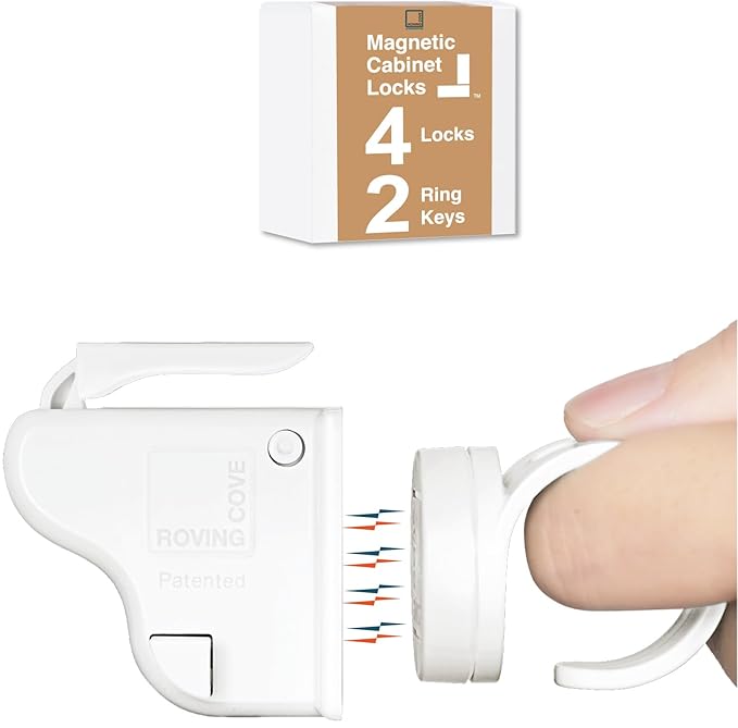RovingCove Ergonomic Magnetic Cabinet Baby Locks 4-pk, Child Proof Drawer Cupboard Latches, 3M Adhesive, Easy Install with Starter Tape System, 4 Locks 2 Ring Keys
