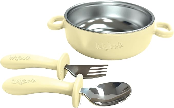 Lulyboo Stainless Steel & Silicone Toddler Feeding Bowl Set - Double-Layer Insulated, Non-Slip Base, Removable Insert, Easy-Grip Fork & Spoon for Easy Self-Feeding, Essential for Babies 6 Months+