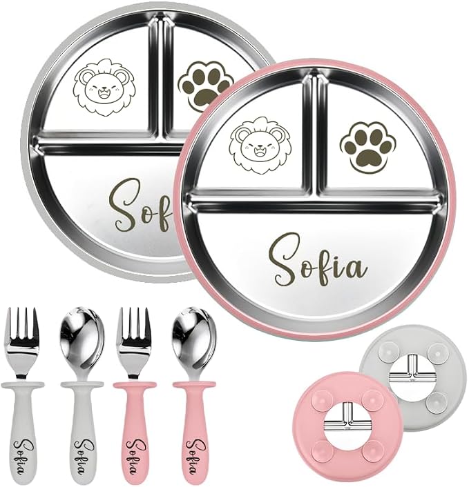 Personalized Stainless Steel Baby Plates with Suction, Custom Name & Icon Toddler Silverware Set 4-Pc Set for Baby Led Weaning,Ideal for Showers & Birthdays,Dishwasher Safe (Gray, Pink)