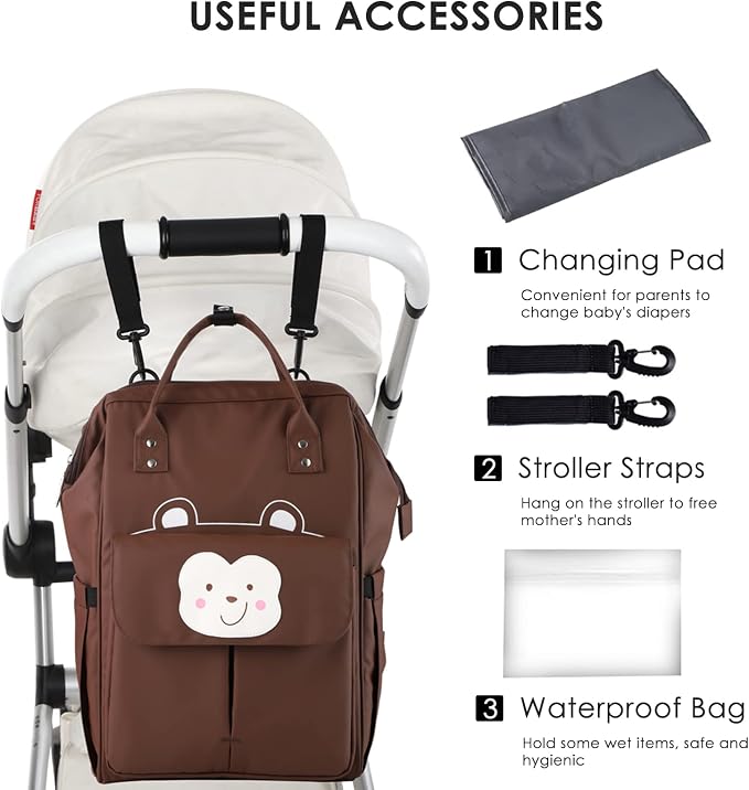 SONARIN Stylish Large Capacity Diaper Bag Backpack,Travel Nappy Changing Bag Mommy Bag with Changing Mat & Stroller Straps(Brown)