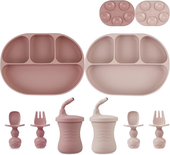 PandaEar 2 Silicone Suction Plate with 2 Tiny Sippy Cup and 2 Spoon 2 Fork for Self-Feeding, Divided Toddler Plate, 100% Silicone Baby Food Plate, BPA Free, 8 Pcs Silicone Baby Feeding Set