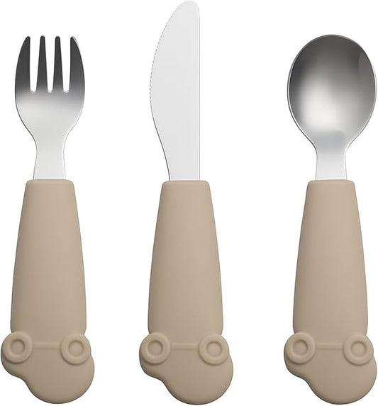 Stainless Steel Silverware Set – Silicone Handle Fork, Spoon & Knife – BPA-Free, Self-Feeding Toddler Utensils | Car Design (Brown Dark Toffee)