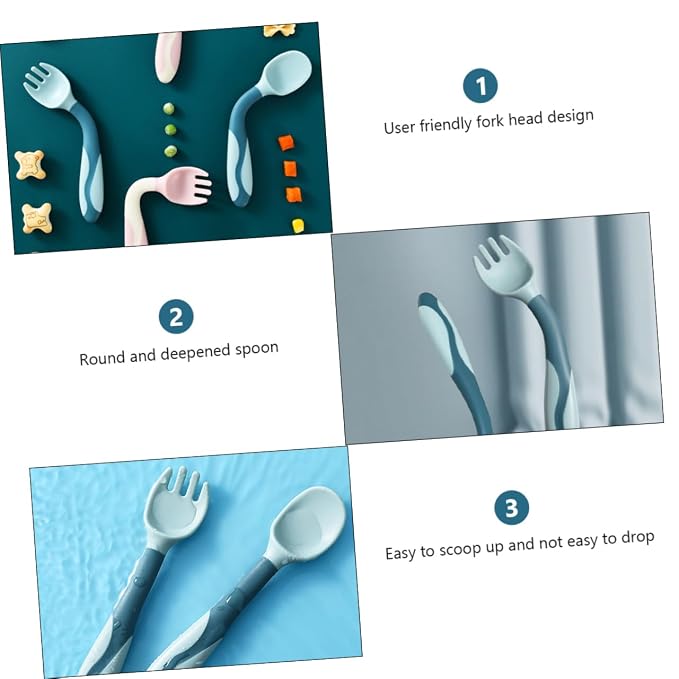 Mobestech 2 Sets Flexible Silicone Fork and Spoon Portable Lightweight Feeding Utensils in Safe Materials for Complementary Food Use