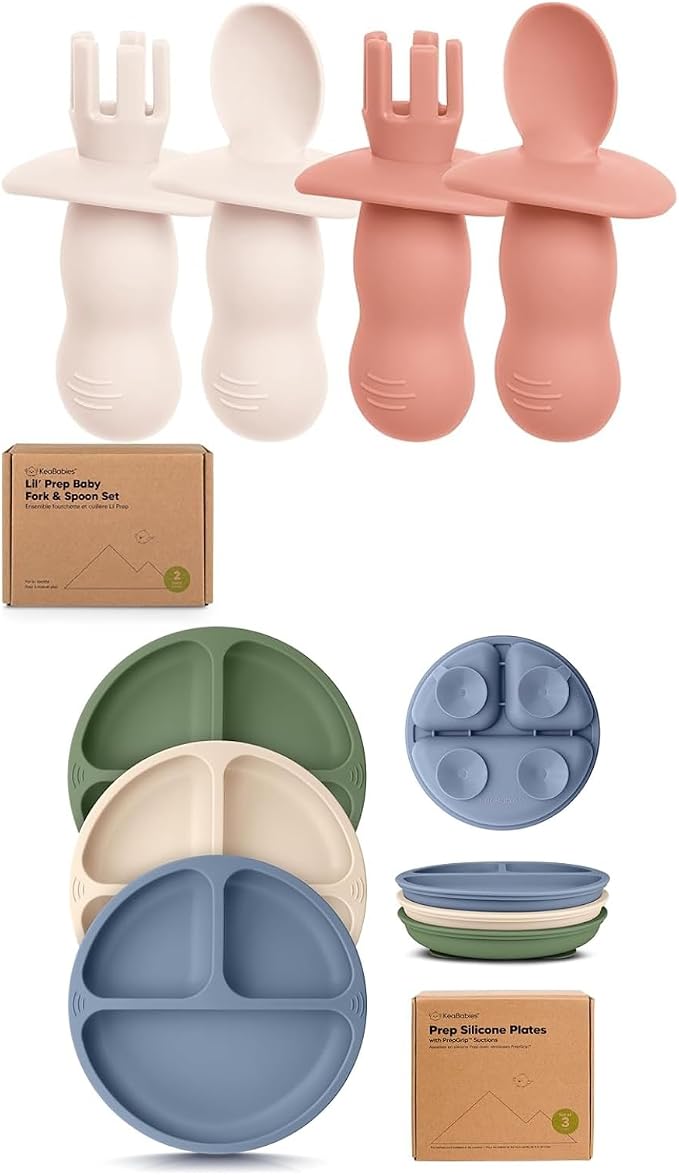 Keababies 4-Pack Silicone Baby Spoons and Forks Set and Suction Plates for Baby, Toddler - Baby Spoon Self Feeding, BLW Baby Utensils - 3-Pack 100% Silicone Divided Baby Plates with Suction