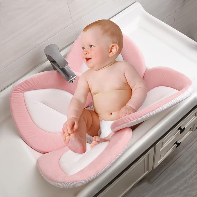 PandaEar Baby Bath Pad for Infant Newborn | Soft Flower Petals for Sink Bathtub Essentials Shower Gift (Pink)