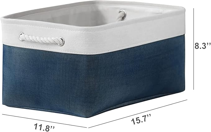 TheWarmHome Collapsible Storage Bin for Shelves - Large 3 Pack 16x12x8 inch Storage Basket for Organizing with Handles, Canves Storage Box for Organizer Toy Closet Cloth Gift (White & Jean Blue)