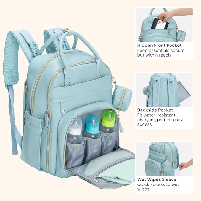 BabbleRoo Leather Diaper Bag Backpack - Baby Essentials Travel Baby Bag, Multi function, Water Resistant, with Changing Pad, Stroller Straps & Pacifier Case ??Unisex, Powder Blue